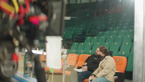 Modern digital camera and communicating crew leaders Stock Footage 303068920