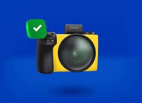 Modern digital camera with checkmark icon. 3d vector illustration 스톡 일러스트