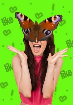Modern digital collage art. Studio portrait of a cheerful emotional girl on a Stock Photos