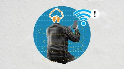 Modern digital collage of a man using a smartphone, facing issues with Wi-F.. Stock Photos