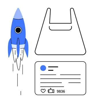 Modern Digital Concepts Rocket, Shopping Basket, and Social Media Interacti.. Stock Illustration