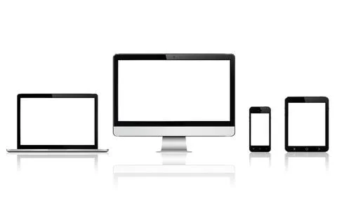 Modern digital devices with blank screen. Isolated with reflection on white b Stock Illustration