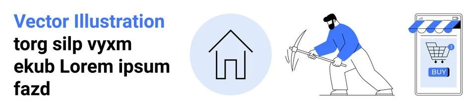 Modern Digital Elements House Icon, Miner Character, and Online Store Interfa 스톡 일러스트