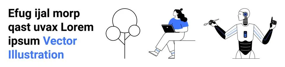 Modern digital elements include a futuristic robot with AI, a woman working o Stock Illustration