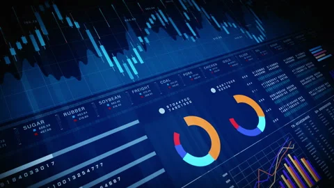 Modern digital finance dashboard with pie charts, stock bars, and commodity. Stock Footage 320031839