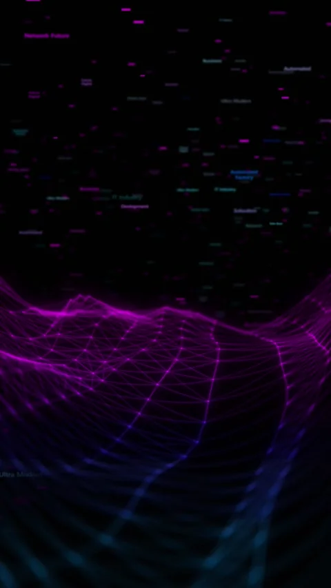 Modern digital landscape luminous network lines, floating technology labels, gra Stock Footage 340524847
