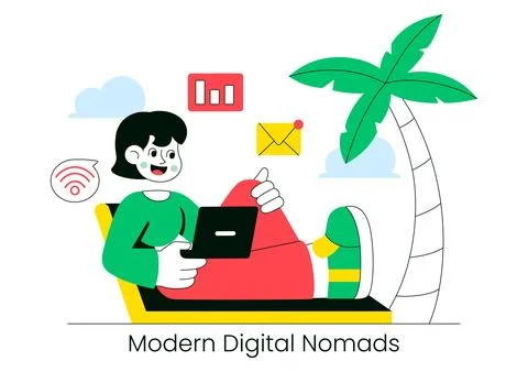 Modern Digital Nomads Vector Illustration Featuring Remote Work Lifestyle, .. Stock Illustration