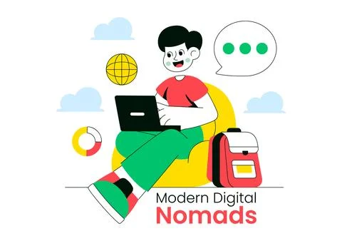 Modern Digital Nomads Vector Illustration Featuring Remote Work Lifestyle, .. Stock Illustration