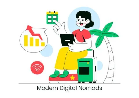 Modern Digital Nomads Vector Illustration Featuring Remote Work Lifestyle, .. Stock Illustration