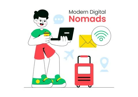 Modern Digital Nomads Vector Illustration Featuring Remote Work Lifestyle, .. Stock Illustration