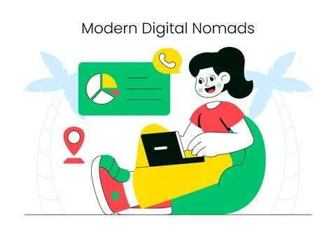 Modern Digital Nomads Vector Illustration Featuring Remote Work Lifestyle, .. Stock Illustration