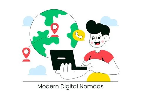 Modern Digital Nomads Vector Illustration Featuring Remote Work Lifestyle, .. Stock Illustration