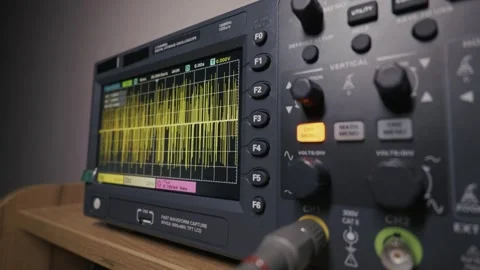 Modern Digital Oscilloscope Displaying Electrical Waveform Signal Stock Footage 327554507