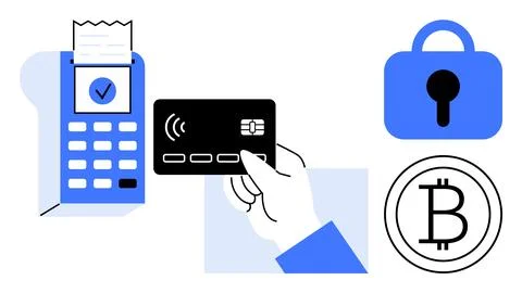 Modern Digital Payment Methods and Security with Contactless Card and Crypt.. Ilustración de archivo