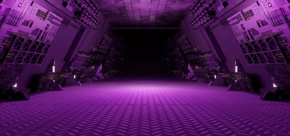 Modern Digital Simulation SciFi Corridor Hallway Hangar Interior Violet Color Stock Illustration
