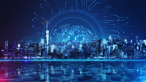 Modern Digital Smart City Skyline Artificial Intelligence Interface skyline brai Stock Footage 342783074