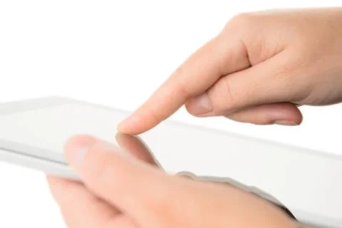 Modern digital tablet pc with blank screen and hands Stock Photos