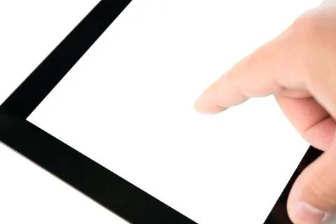 Modern digital tablet pc with blank screen and hands Foto stock