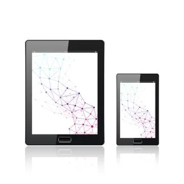 Modern digital tablet PC with mobile smartphone isolated  on the white. Molecule Stock Illustration