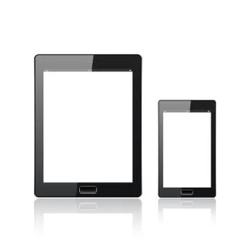 Modern digital tablet PC with mobile smartphone isolated  on the white. Molecule 스톡 일러스트