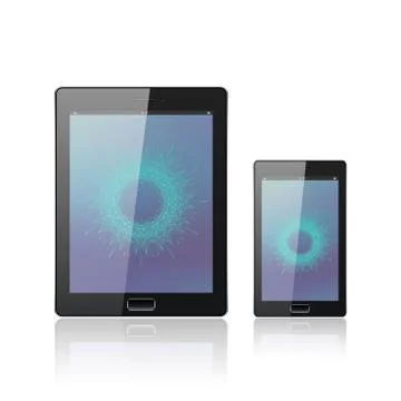 Modern digital tablet PC with mobile smartphone isolated  on the white. Molecule 스톡 일러스트