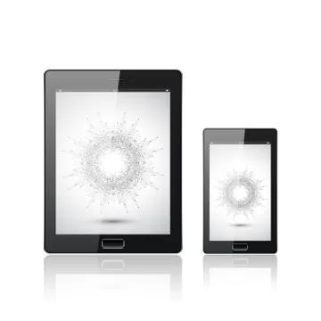 Modern digital tablet PC with mobile smartphone isolated  on the white. Molecule Illustrazione stock