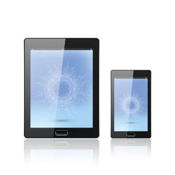 Modern digital tablet PC with mobile smartphone isolated on the white. Molecule 스톡 일러스트