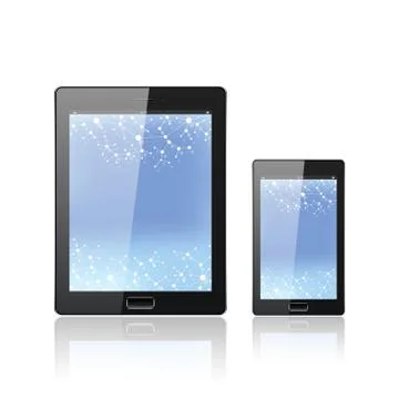 Modern digital tablet PC with mobile smartphone isolated on the white. Molecule Stock Illustration