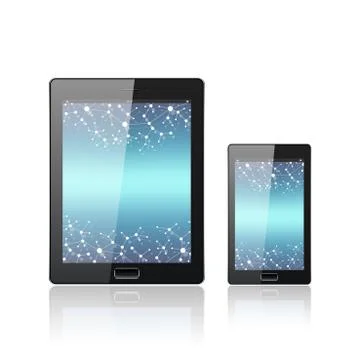 Modern digital tablet PC with mobile smartphone isolated on the white. Molecule 스톡 일러스트
