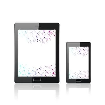 Modern digital tablet PC with mobile smartphone isolated on the white. Molecule 스톡 일러스트