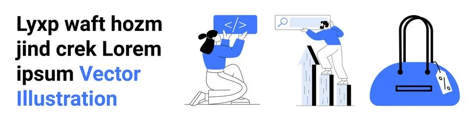 Modern Digital Tasks Coding, Research, and Stylish Bag Illustrazione stock