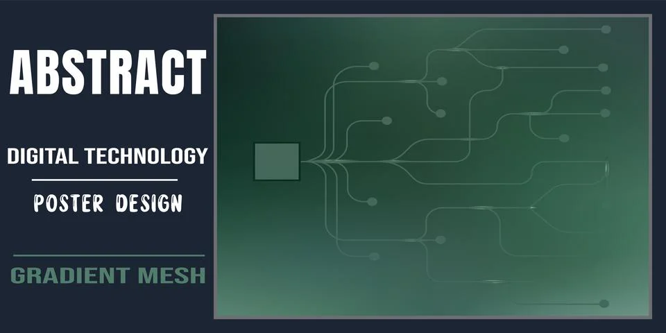 A modern digital technology poster design featuring a central square node wit Stock Illustration