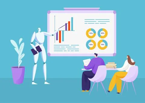 Modern digital technology robot teacher lecturer company worker refresher course Stock Illustration