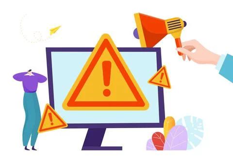 Modern digital technology system work error, tiny character hold head, software Stock Illustration