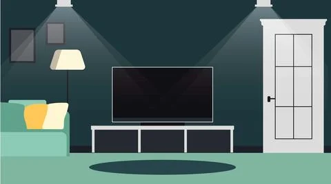 Modern Digital Television on Table in the Living Room at Home with Spotlight Stock Illustration