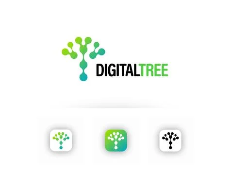 Modern digital tree logo formed by connected nodes and organic branches in a Stock Illustration