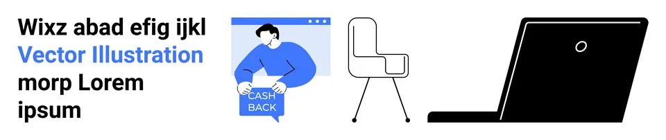 Modern Digital Workspace Elements Text, Cashback, Chair, Laptop in Vector Art イラスト素材