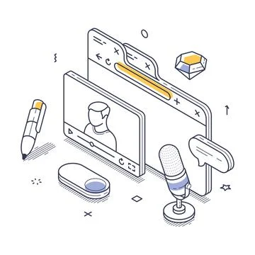 Modern digital workspace featuring isometric elements in line art style Stock Illustration