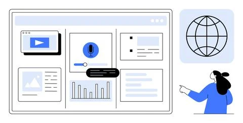 Modern Digital Workspace with Interactive Elements and Global Communication Illustrazione stock