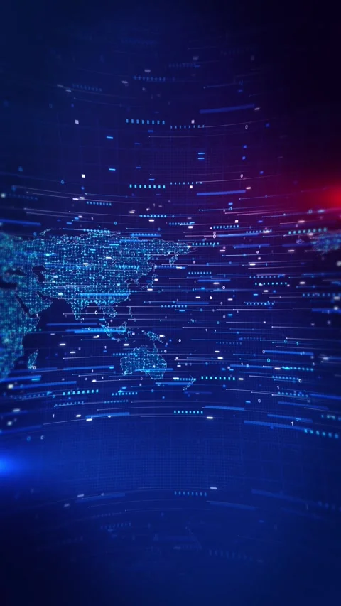 Modern digital world map with flowing data streams and binary elements represent Stock Footage 341904577