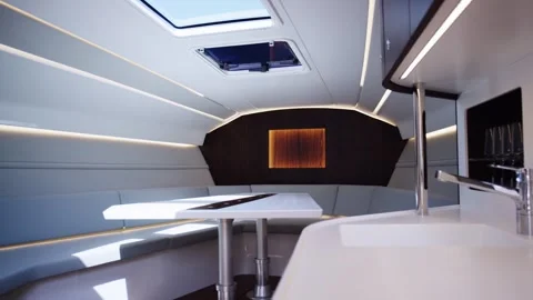 Modern Dinette with Dining Table and Illuminated Wall Panel, Skylight, Slow Pan Stock Footage 340337692