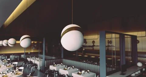 Modern dining area featuring stylish hanging lights in an upscale restaurant Stock Illustration
