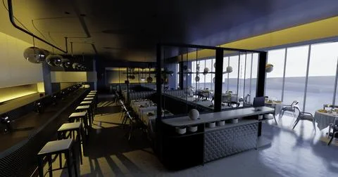 Modern dining area in a high rise restaurant with city views at sunset Ilustração Stock