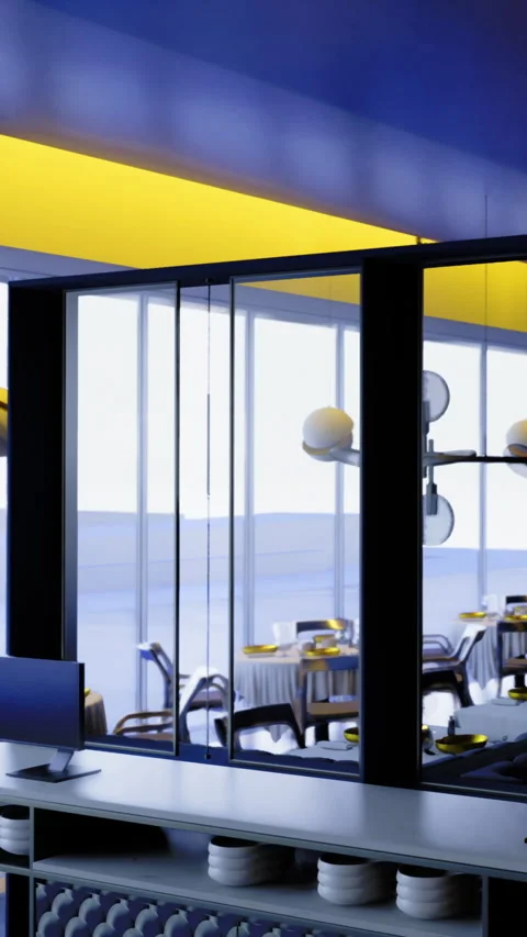 Modern dining area with large windows and simple design in a restaurant Stock Footage 334175610