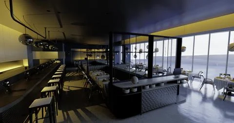 Modern dining area with large windows highlighting interior design and layout イラスト素材