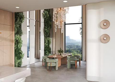 Modern Dining Area with Scenic Views and Elegant Decor, 3d rendering Stock-Illustration