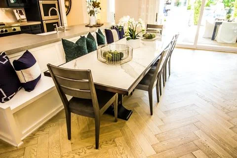 Modern Dining Area Table With Built-in Bench Foto stock