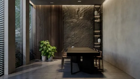 Modern dining room 3D animation, contemporary interior design with natural Video stock 295012539
