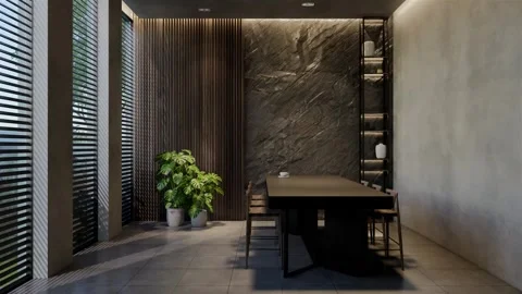 Modern dining room 3D animation, contemporary interior design with natural Stock Footage 295012540