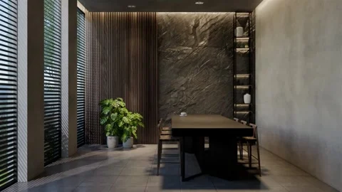 Modern dining room 3D animation, contemporary interior design with natural Video stock 295012544